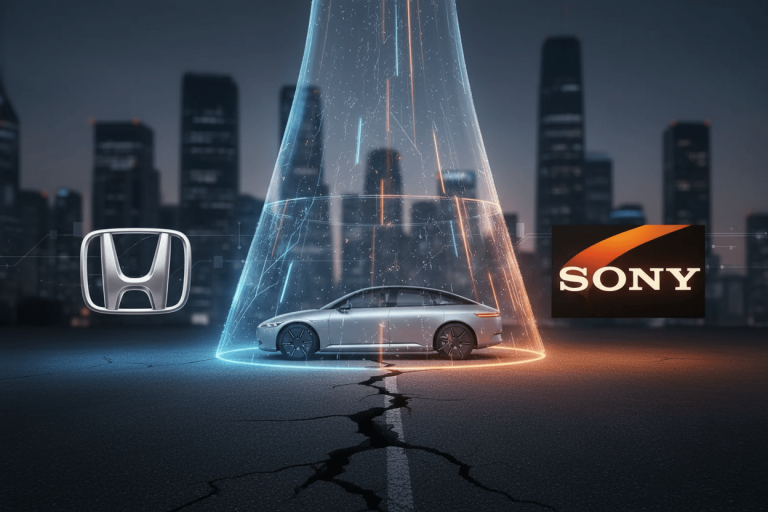 A conceptual image showing a sleek silver electric car under a glowing digital cone, with logos of Honda and Sony on either side.