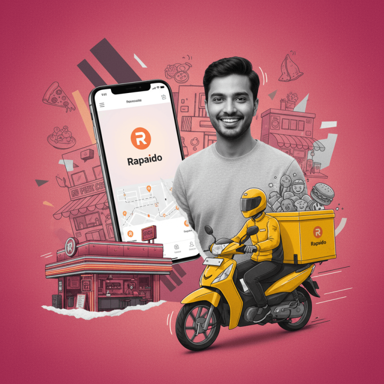 A man smiling next to a smartphone displaying the Rapido app and a delivery rider on a yellow scooter.