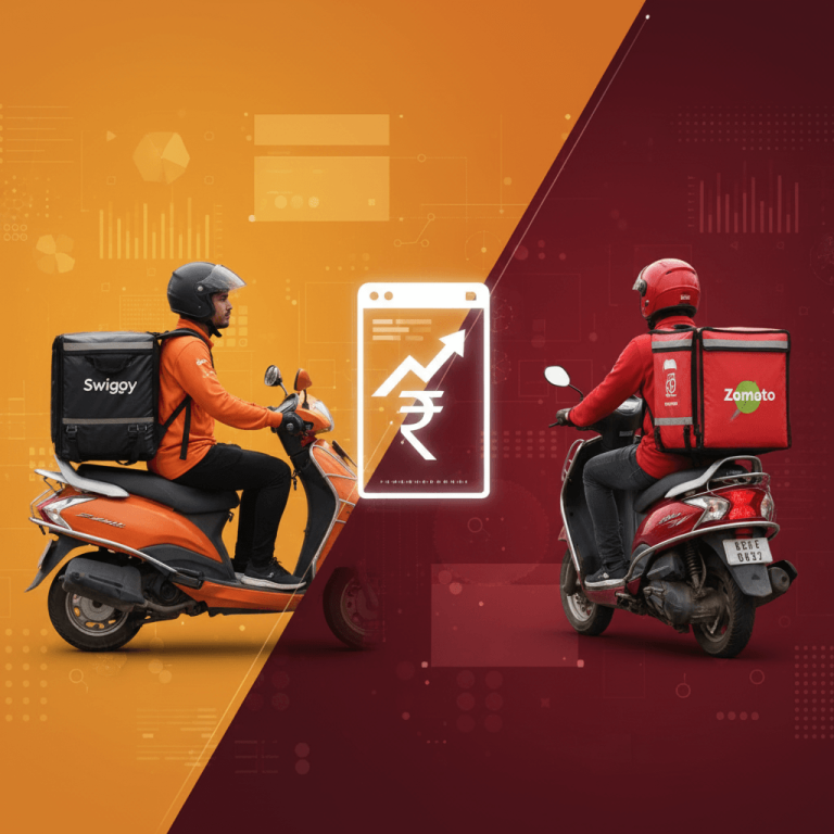 A split image showing a Swiggy delivery rider on the left and a Zomato delivery rider on the right, with a rising rupee icon in the center.