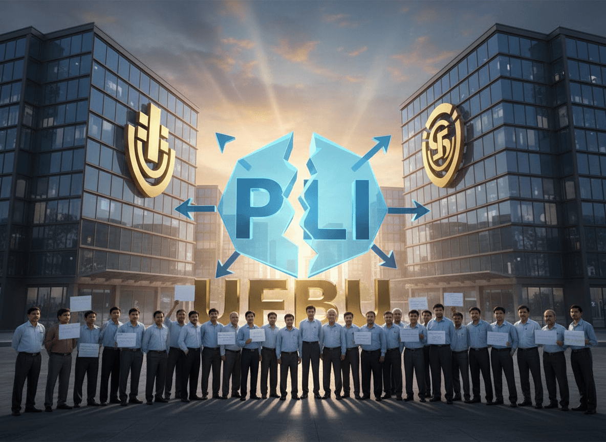 A group of bank employees holding protest signs stand before a broken "PLI" symbol and buildings with "UFBU" and "DFS" logos.