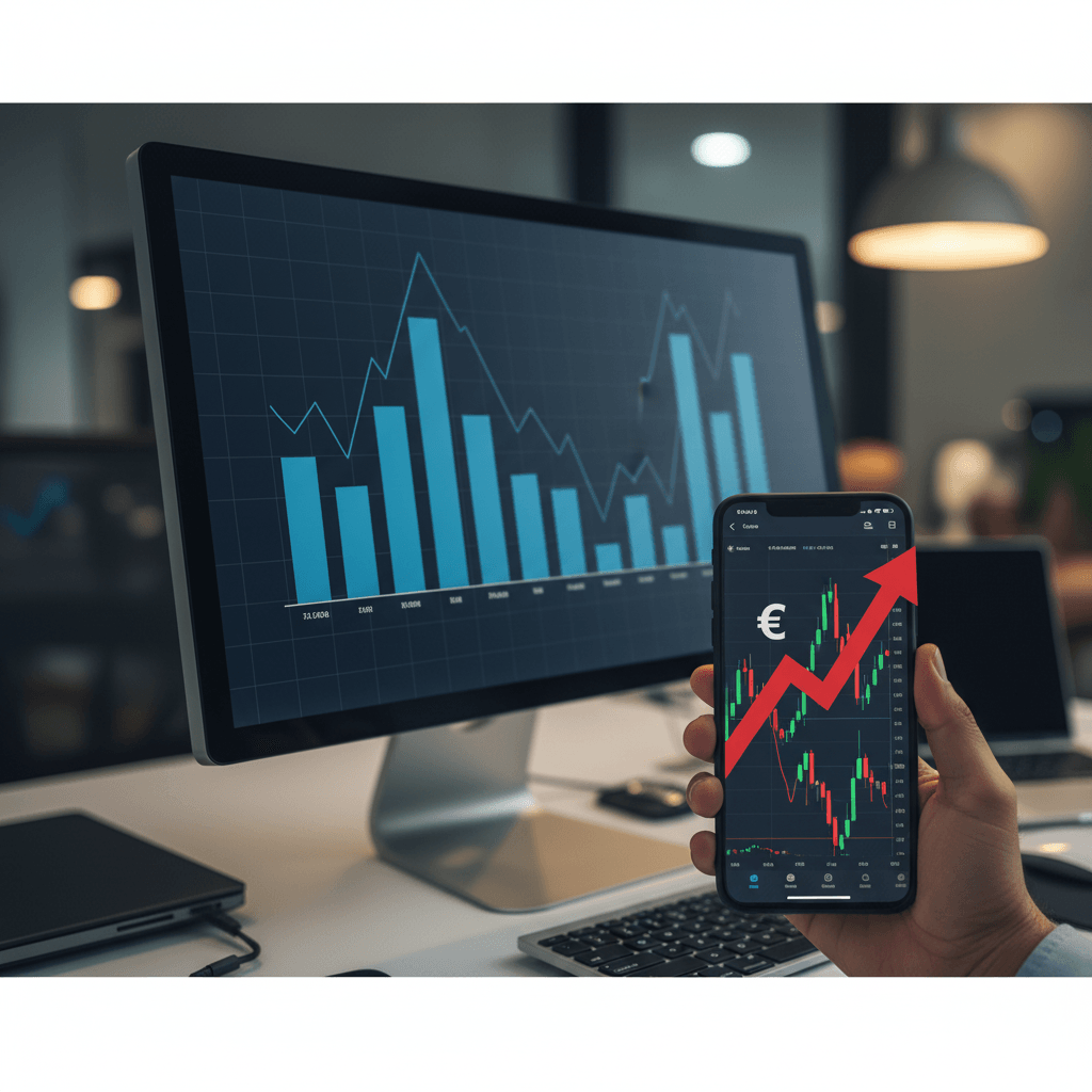 A hand holds a smartphone displaying a stock trading app with an upward trending graph and a Euro symbol. A desktop monitor in the background shows financial charts.