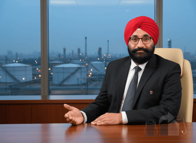 A man in a suit and turban at a desk with an oil refinery in the background, symbolizing energy policy.
