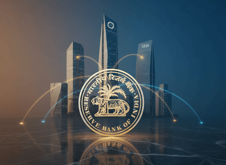 A stylized gold RBI emblem prominently in the foreground, with modern city skyscrapers in the background.