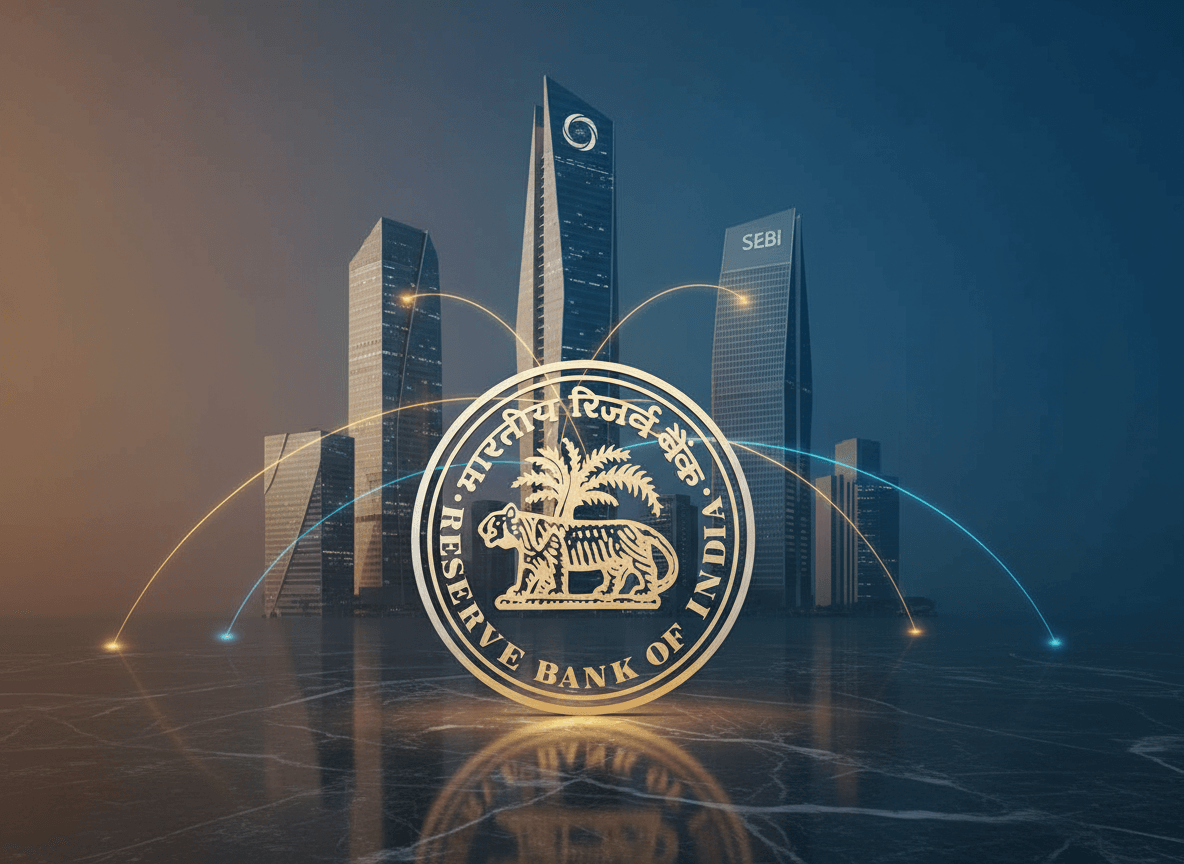 A stylized gold RBI emblem prominently in the foreground, with modern city skyscrapers in the background.