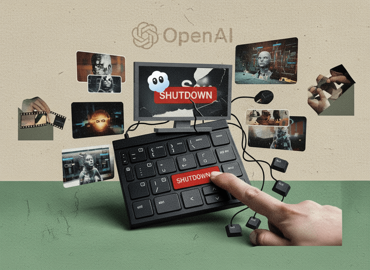 A hand presses a red "SHUTDOWN" key on a black keyboard, surrounded by screens displaying AI-generated video frames.