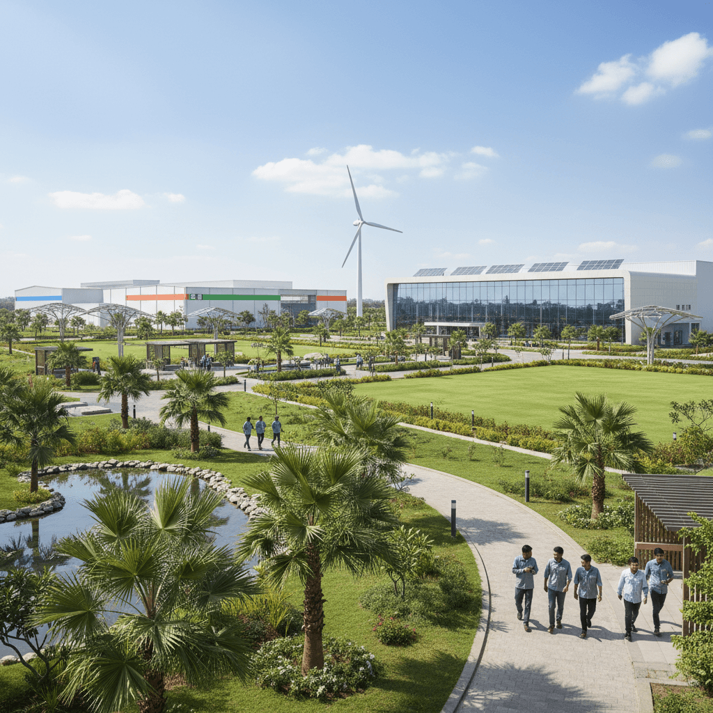 An aerial view of a modern industrial park in India with green spaces, a pond, walking paths, and contemporary buildings.