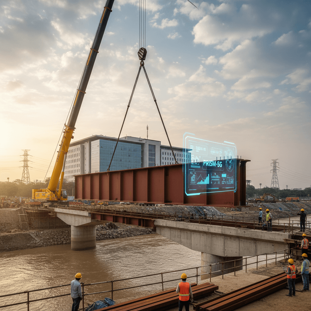 Construction site with a crane lifting a large steel girder for a bridge, with a holographic "PRISM-SG" interface floating nearby.