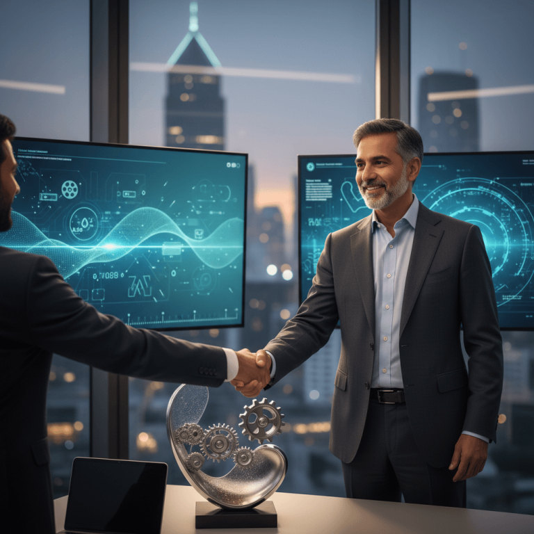 Two men in business suits shaking hands in an office with city skyline and AI data screens.