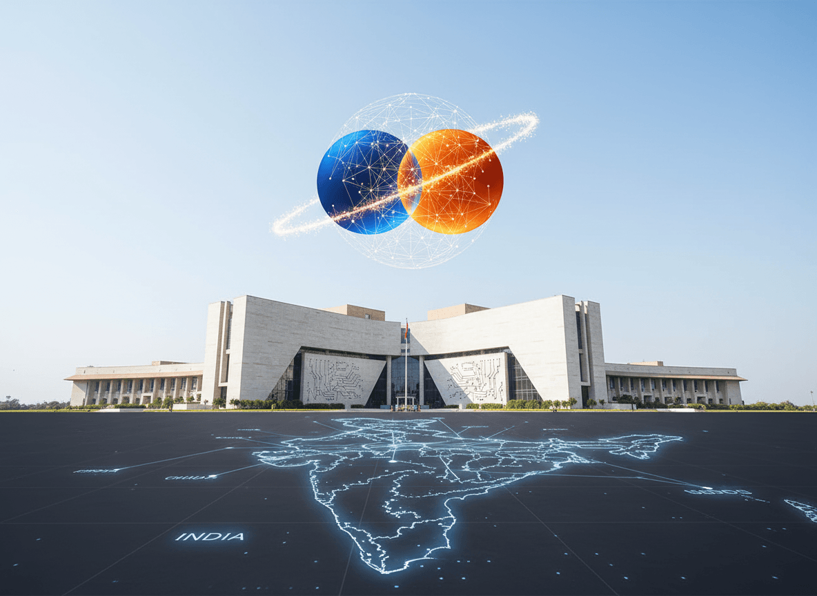 A modern building, representing the Competition Commission of India, under a clear sky with two merging digital spheres.