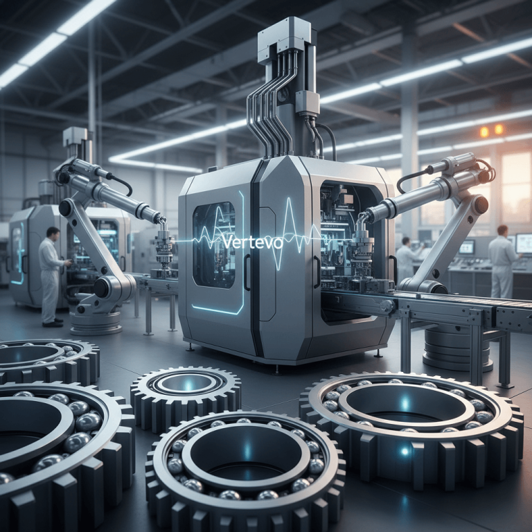 A high-tech factory floor with robotic arms, machinery, and various ball bearings and gears in the foreground.