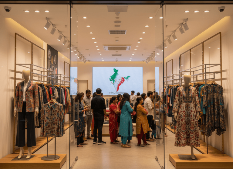 A modern OVS clothing store in India, featuring mannequins, shoppers, and a display showing India and Italy's maps.