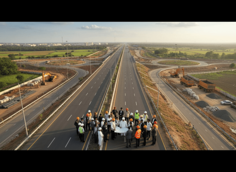 A group of engineers and government officials stand on a highway discussing blueprints, with construction visible.