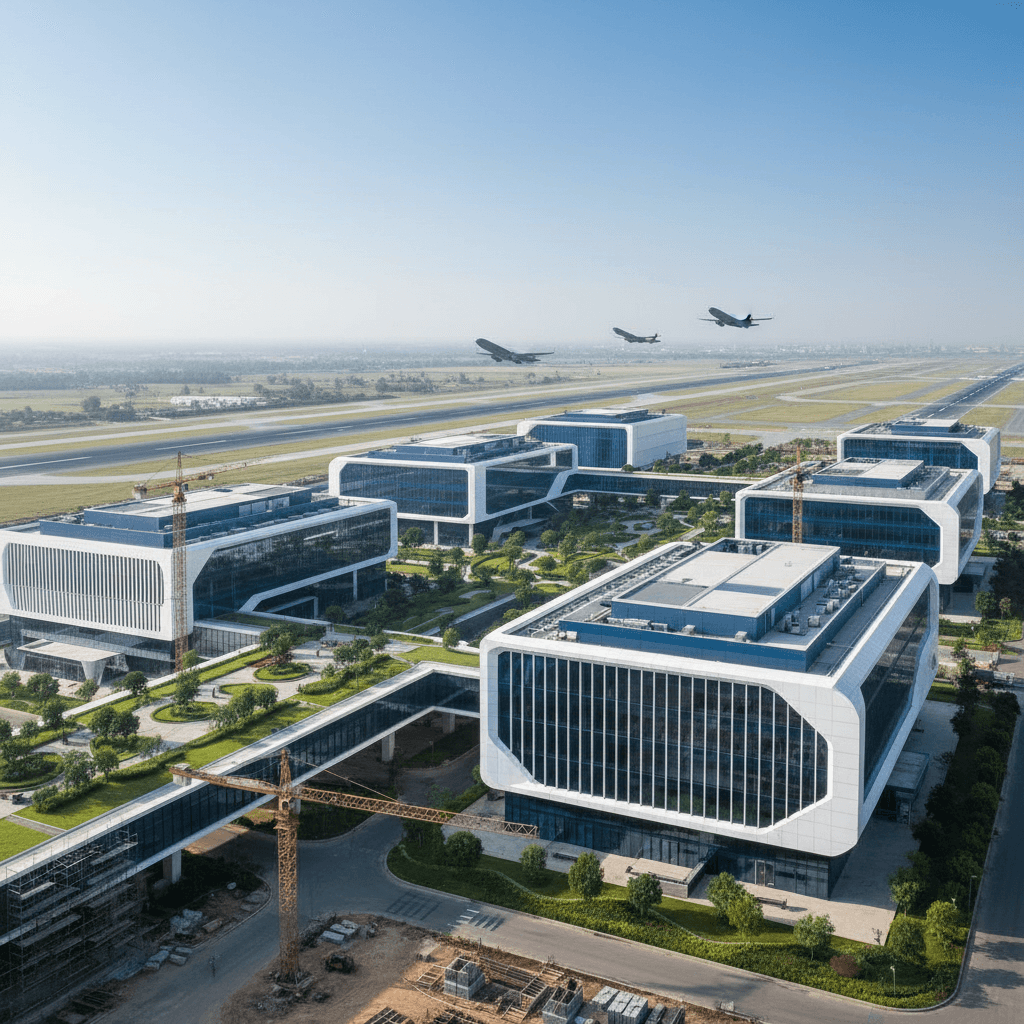 Aerial view of a sleek, modern corporate campus with multiple interconnected buildings, green spaces, and airplanes taking off in the background.