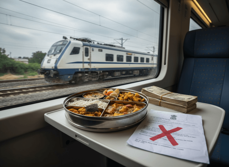 A meal thali with a rejected fine notice and money bundles on a train table, with a Vande Bharat train outside.