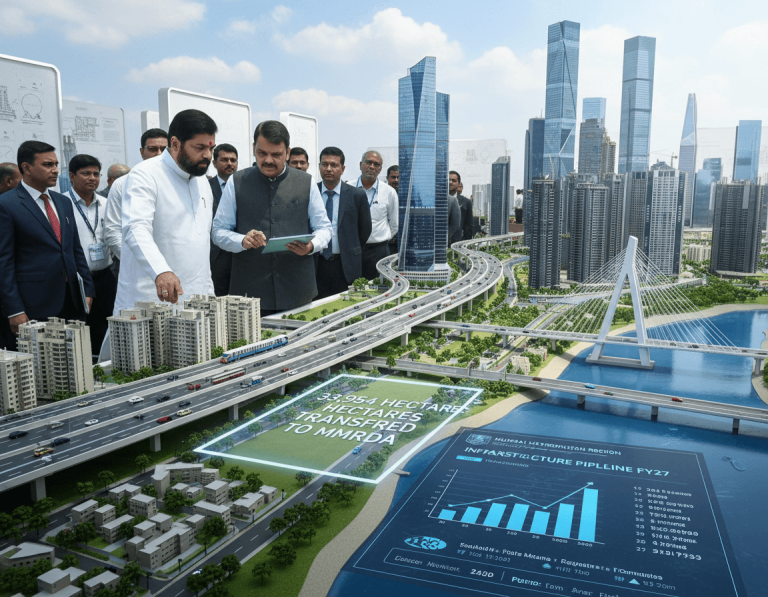 Government officials review a large-scale urban development model featuring skyscrapers, roads, and bridges.