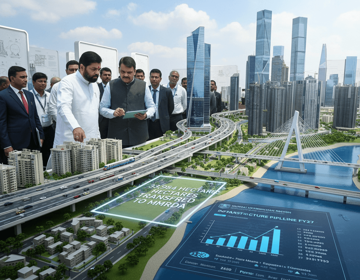 Government officials review a large-scale urban development model featuring skyscrapers, roads, and bridges.