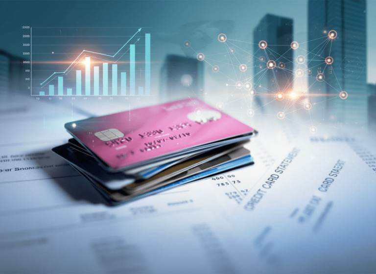 A stack of credit cards on financial statements with a superimposed digital growth chart and modern city buildings in the background.