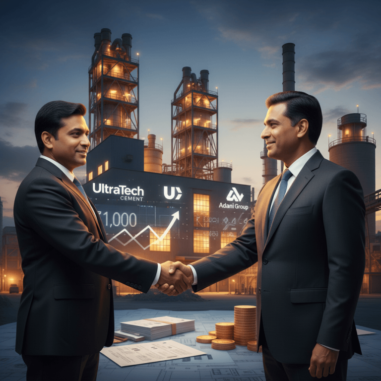 Two businessmen shaking hands in front of a modern cement factory at twilight, representing a resolved dispute and new deals.