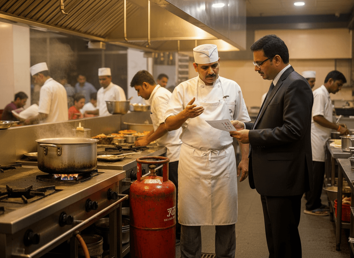A chef in a white uniform explains a document to a manager in a suit in a busy Indian restaurant kitchen.