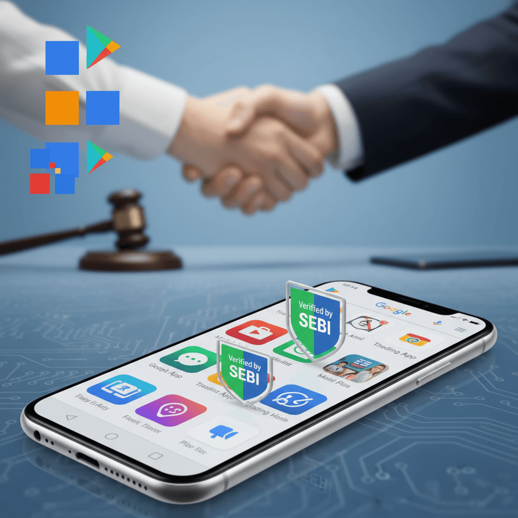 A smartphone displaying app icons with "Verified by SEBI" badges, two hands shaking, and a gavel.