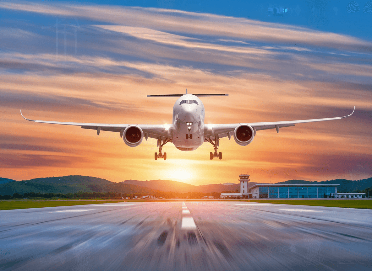 A passenger airplane taking off from a runway at sunset, with a control tower and mountains in the background.