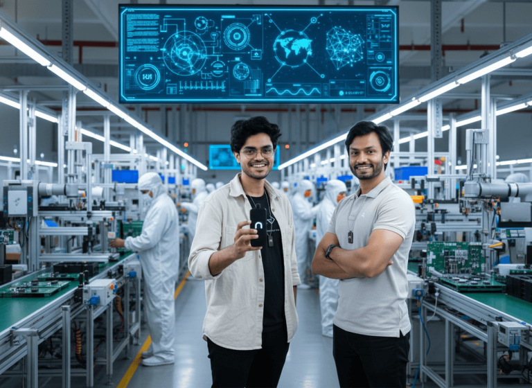 Two smiling male founders in a factory, one holding an AI wearable, with advanced assembly lines and a digital interface.