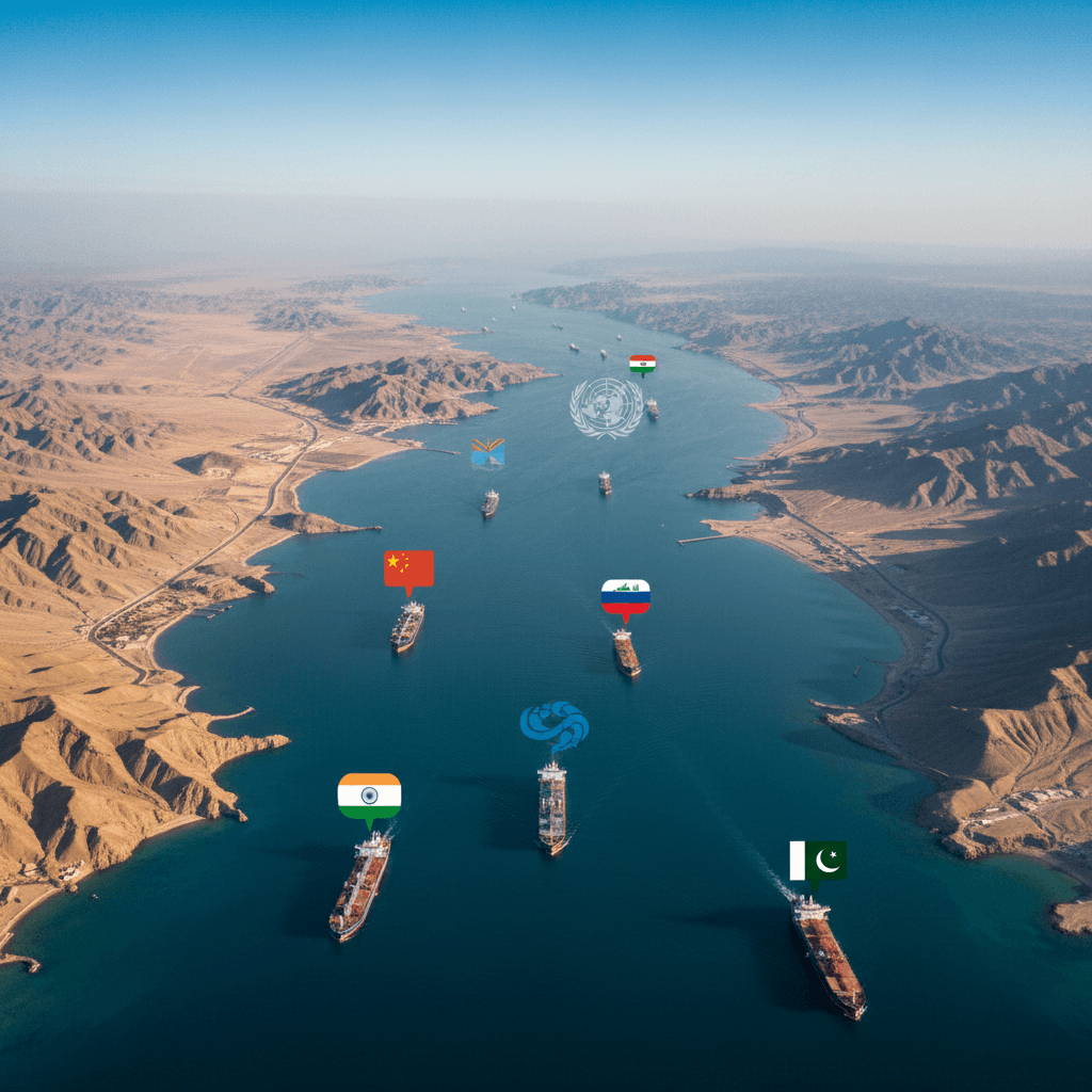 Aerial view of the Strait of Hormuz with cargo ships, symbolizing international trade and cooperation.