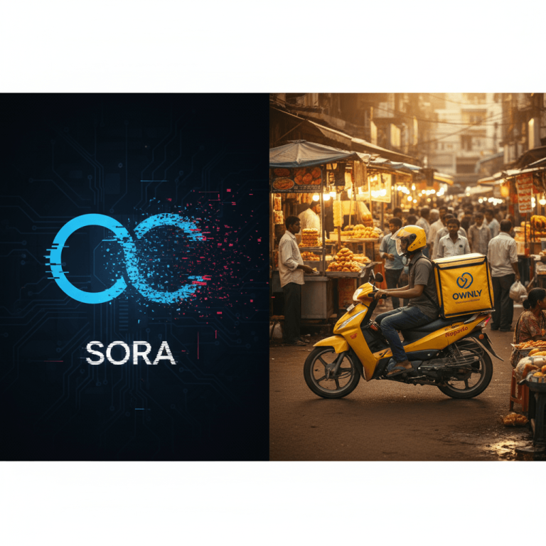 A split image showing a digital Sora logo glitching on the left and a Rapido delivery rider on a yellow scooter in a busy market street on the right.