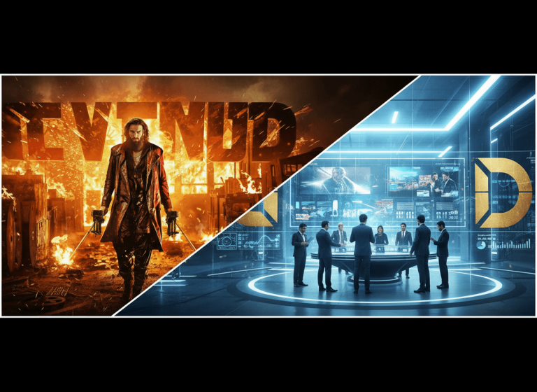 Split image: left, a fiery, dramatic film scene; right, business professionals in a modern, high-tech meeting room.