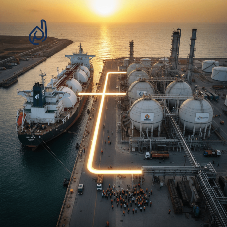 An aerial view of an oil tanker docked at a refinery port with storage tanks.