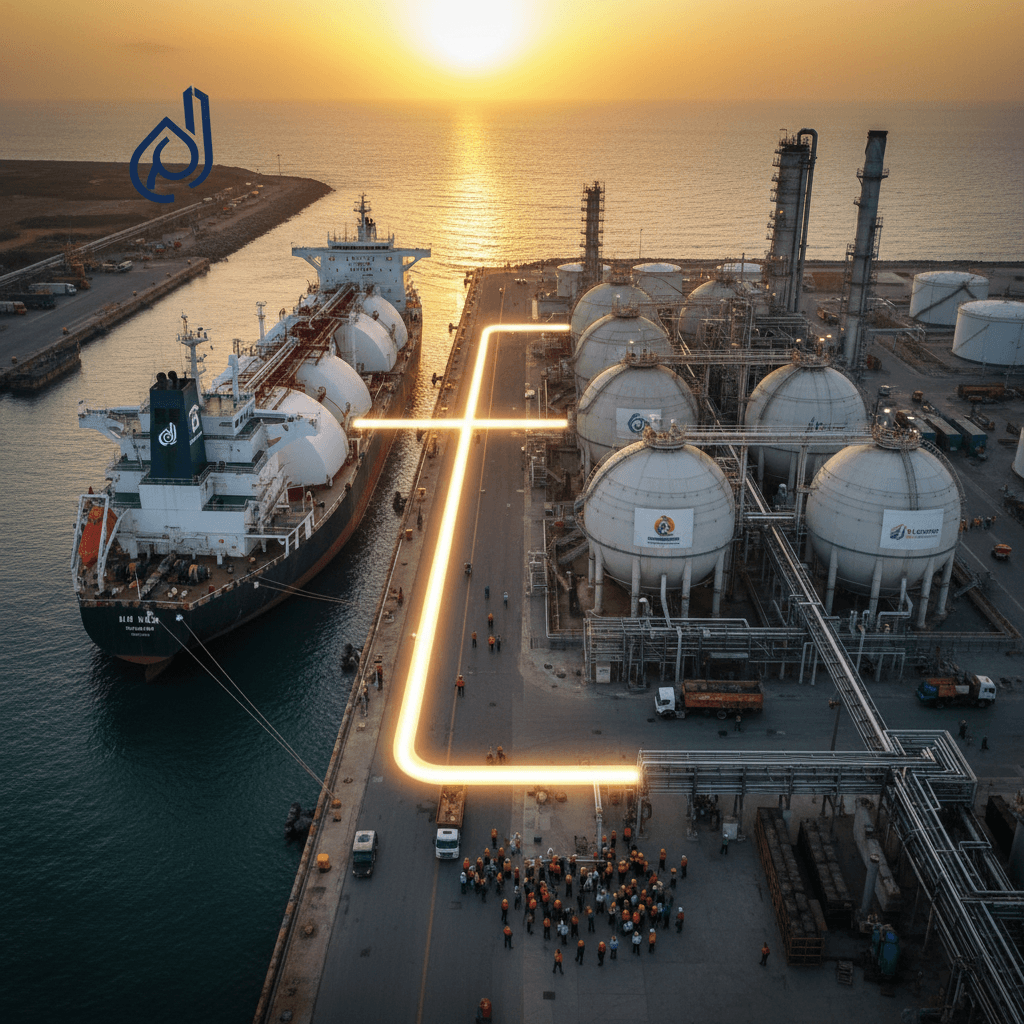 An aerial view of an oil tanker docked at a refinery port with storage tanks.