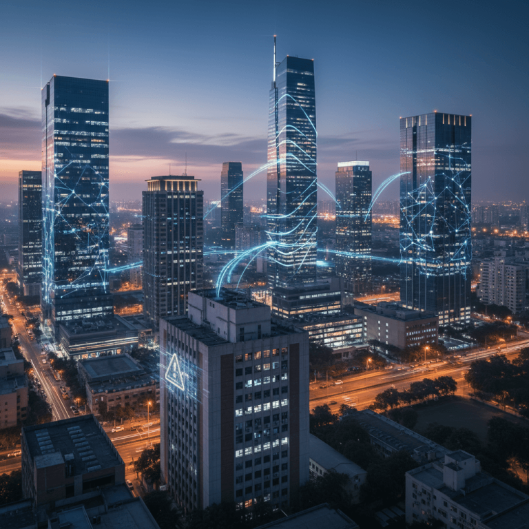 Modern Indian city skyline at dusk with glowing digital network lines connecting office buildings, one showing a warning symbol.