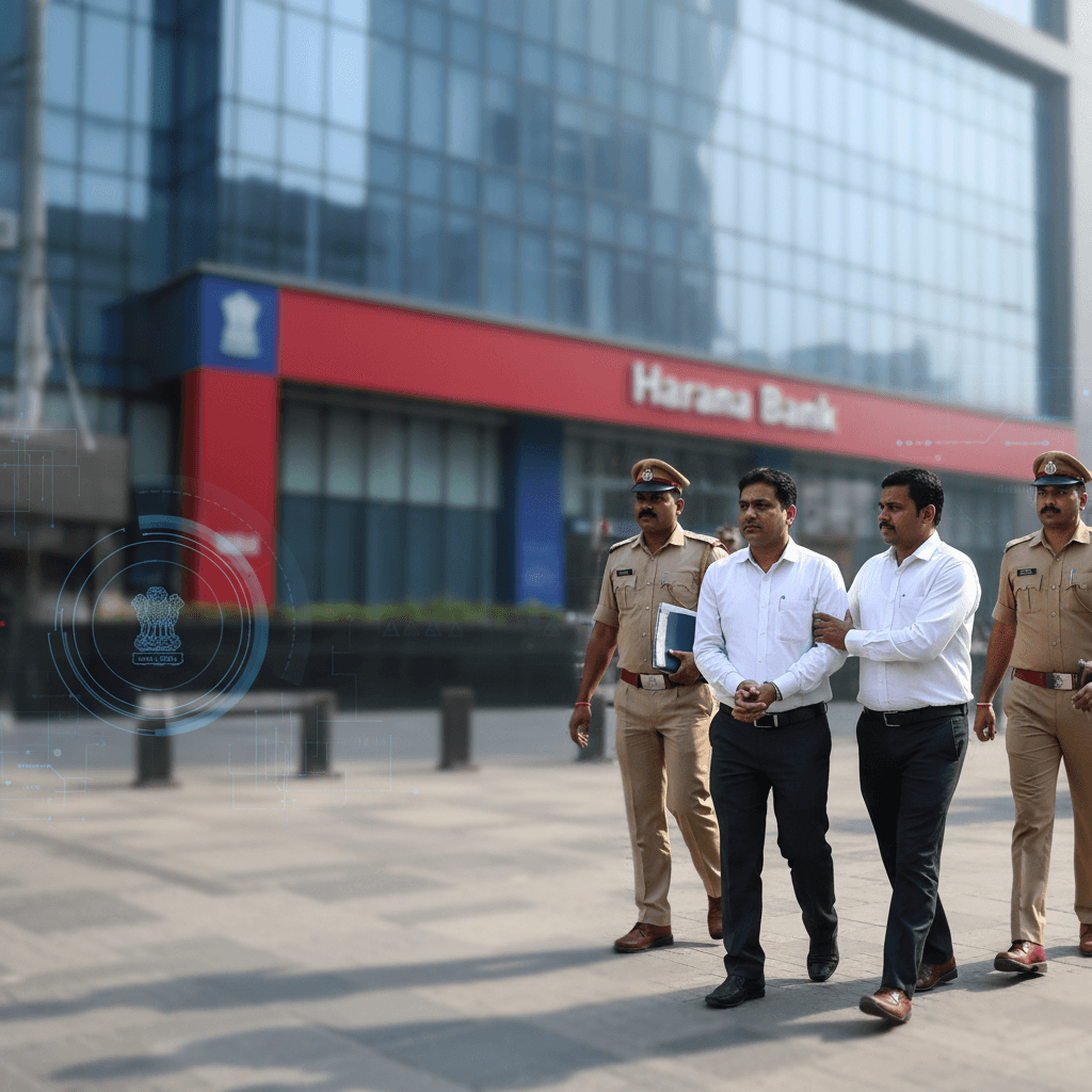 Haryana Police officers escorting a man in formal wear, presumably a bank official, out of a modern bank building.