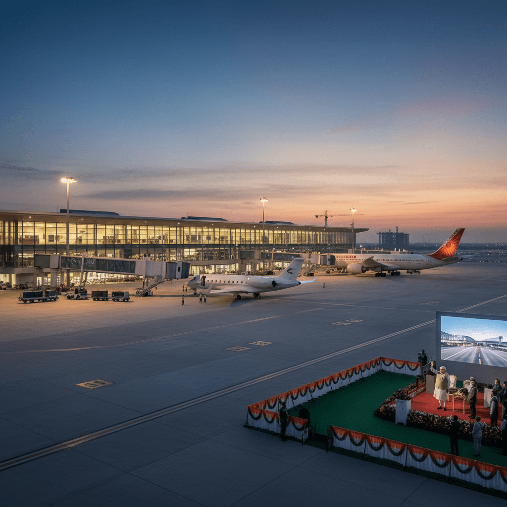An aerial view of Noida International Airport at dusk with a stage set for inauguration and airplanes on the tarmac.