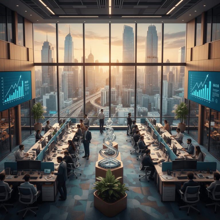 A modern, bustling office in India with a cityscape view at sunset, featuring employees, desks, and data screens.