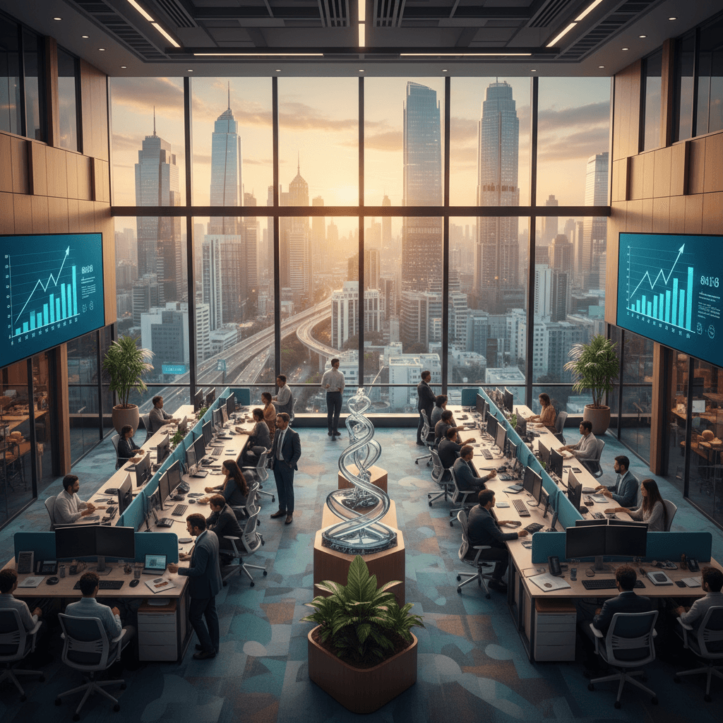 A modern, bustling office in India with a cityscape view at sunset, featuring employees, desks, and data screens.