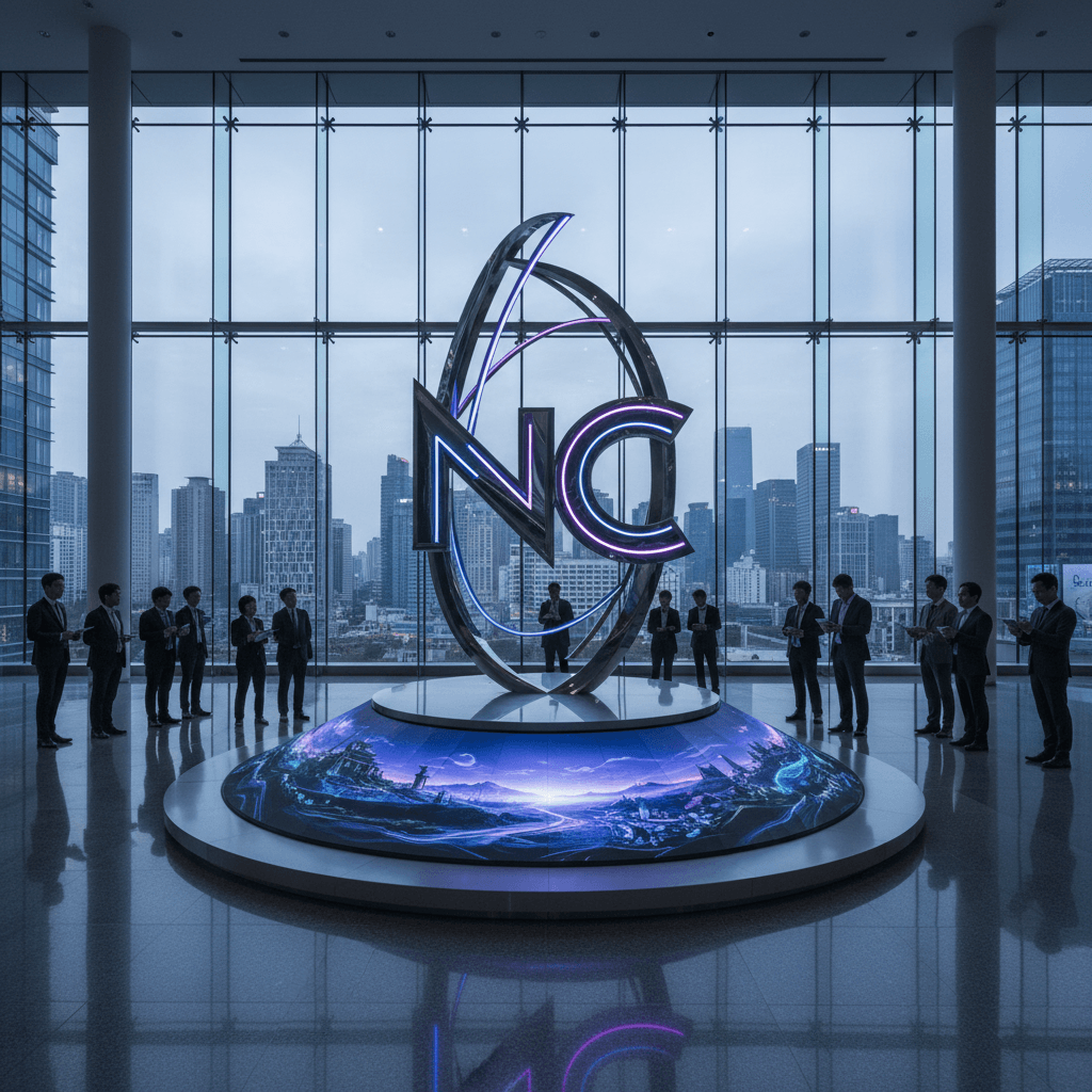 A high-tech corporate lobby with a large, glowing, abstract sculpture, reflecting light on a polished floor.