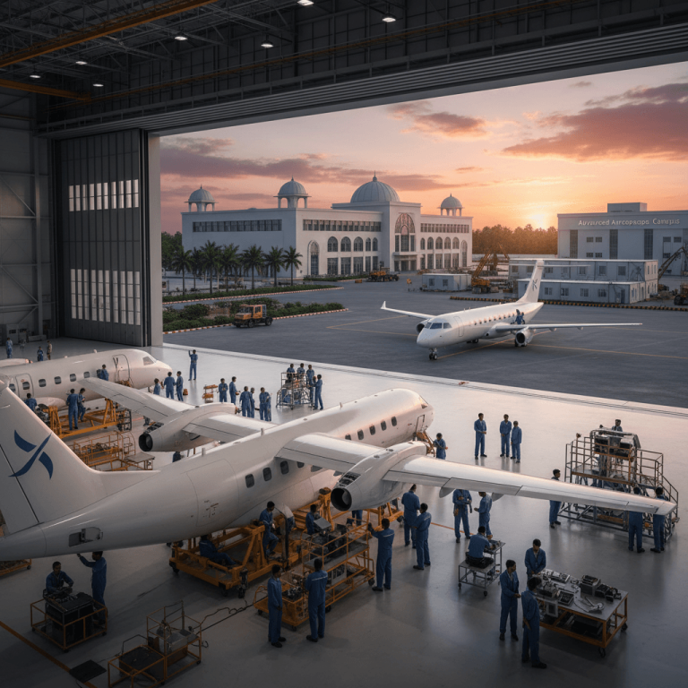 An aircraft assembly line with workers, an airplane partially assembled, and an Indian-style building in the background at sunset.