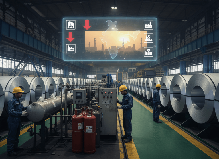 Indian steel factory with workers, large metal coils, and a holographic map of India showing industrial challenges.