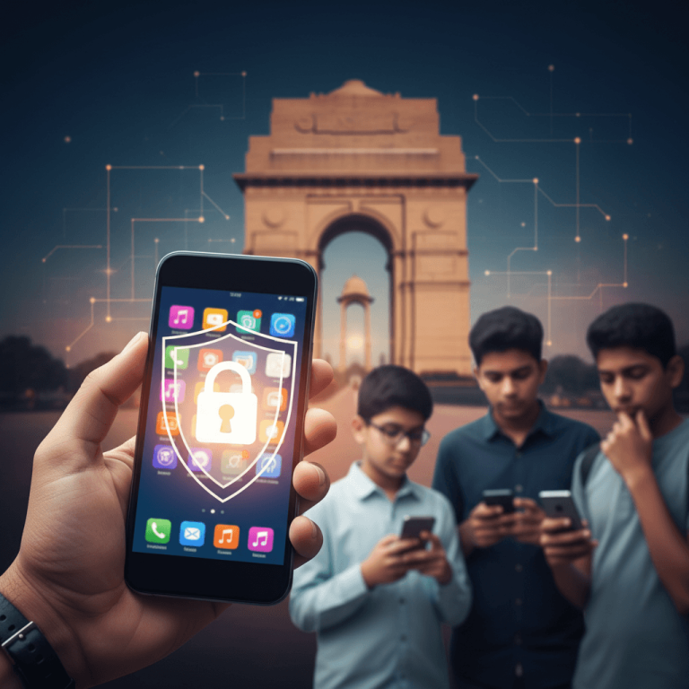 A hand holds a smartphone with a glowing shield and padlock icon, with blurred Indian youths and India Gate in the background.