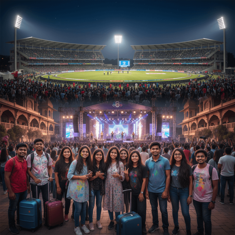 A vibrant image depicting a packed cricket stadium at night and a music festival crowd, with travelers in the foreground.