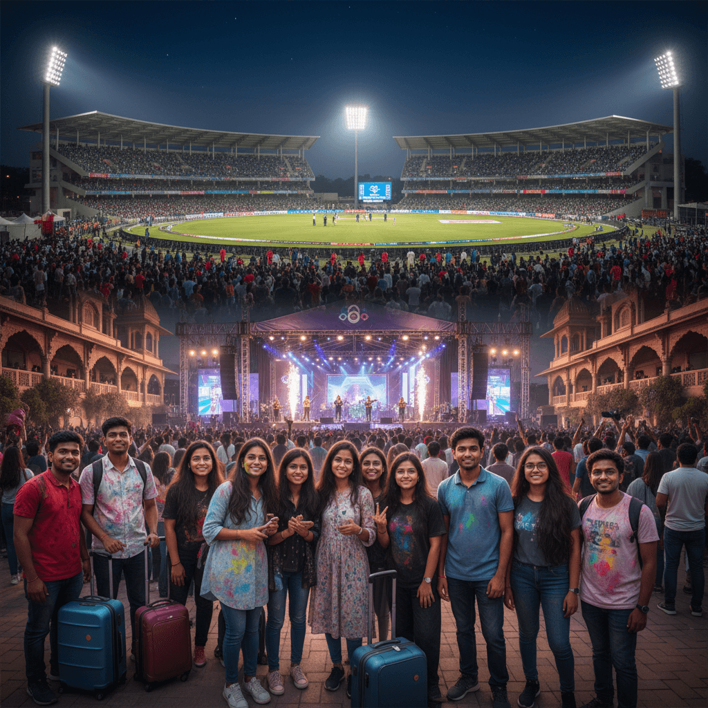 A vibrant image depicting a packed cricket stadium at night and a music festival crowd, with travelers in the foreground.