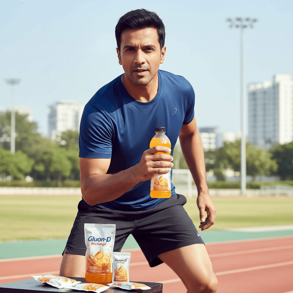 A fit man in athletic wear holding a bottle of orange sports drink on a running track with city background.