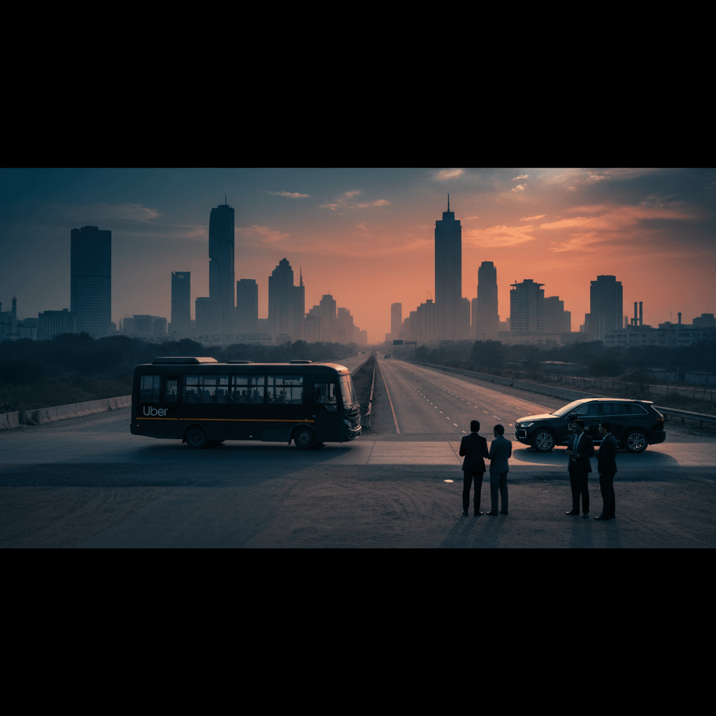A black Uber shuttle bus and a corporate car on a highway, with businesspeople, against a city skyline at sunset.