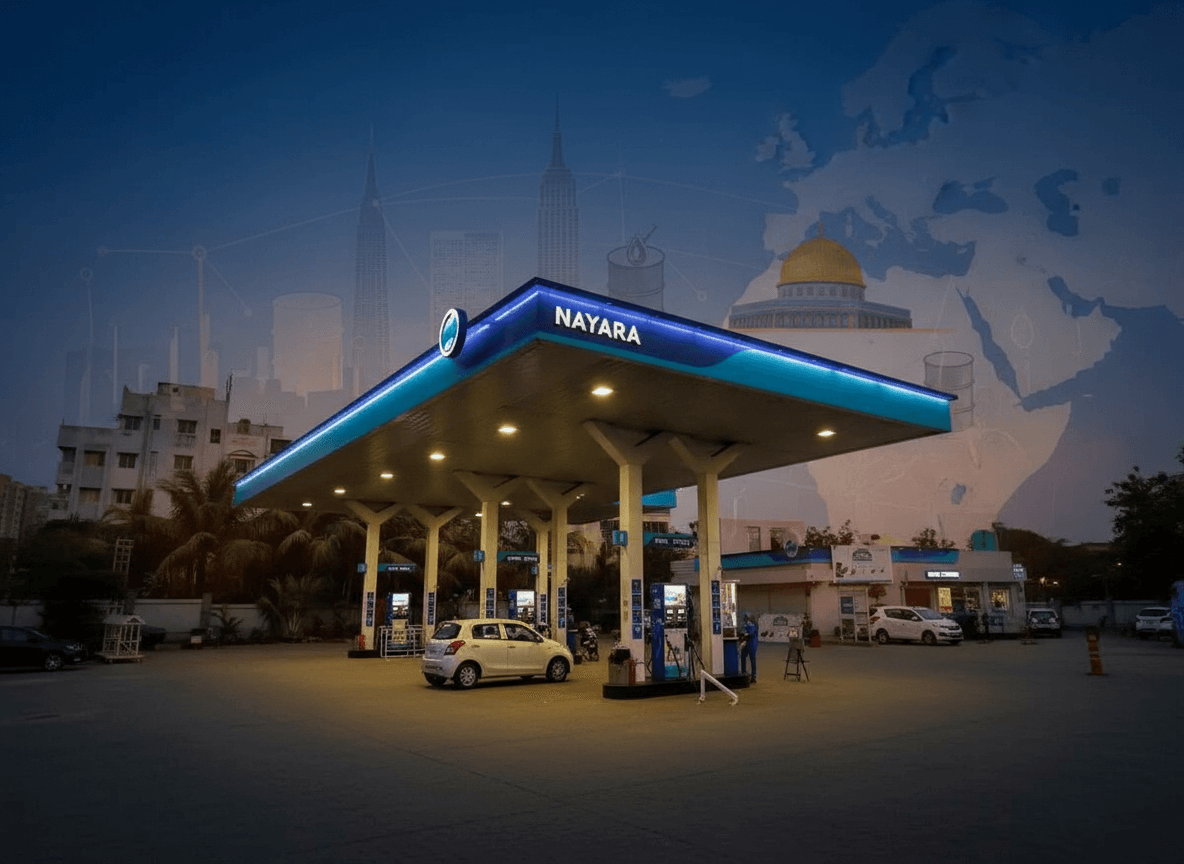A modern Nayara Energy fuel station at dusk, with an overlay of a world map and subtle international landmarks.