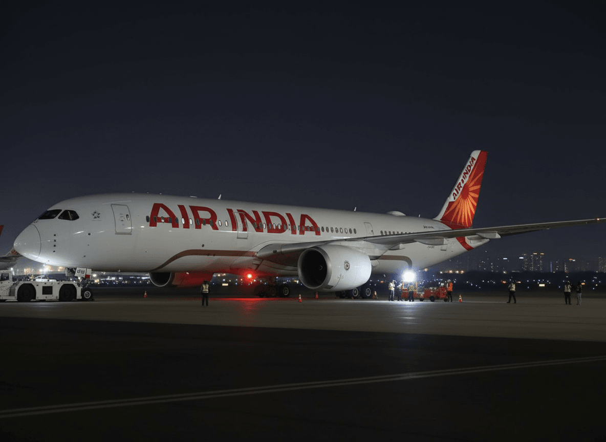 An Air India A350 aircraft is parked on a tarmac at night, with ground crew and equipment around it.