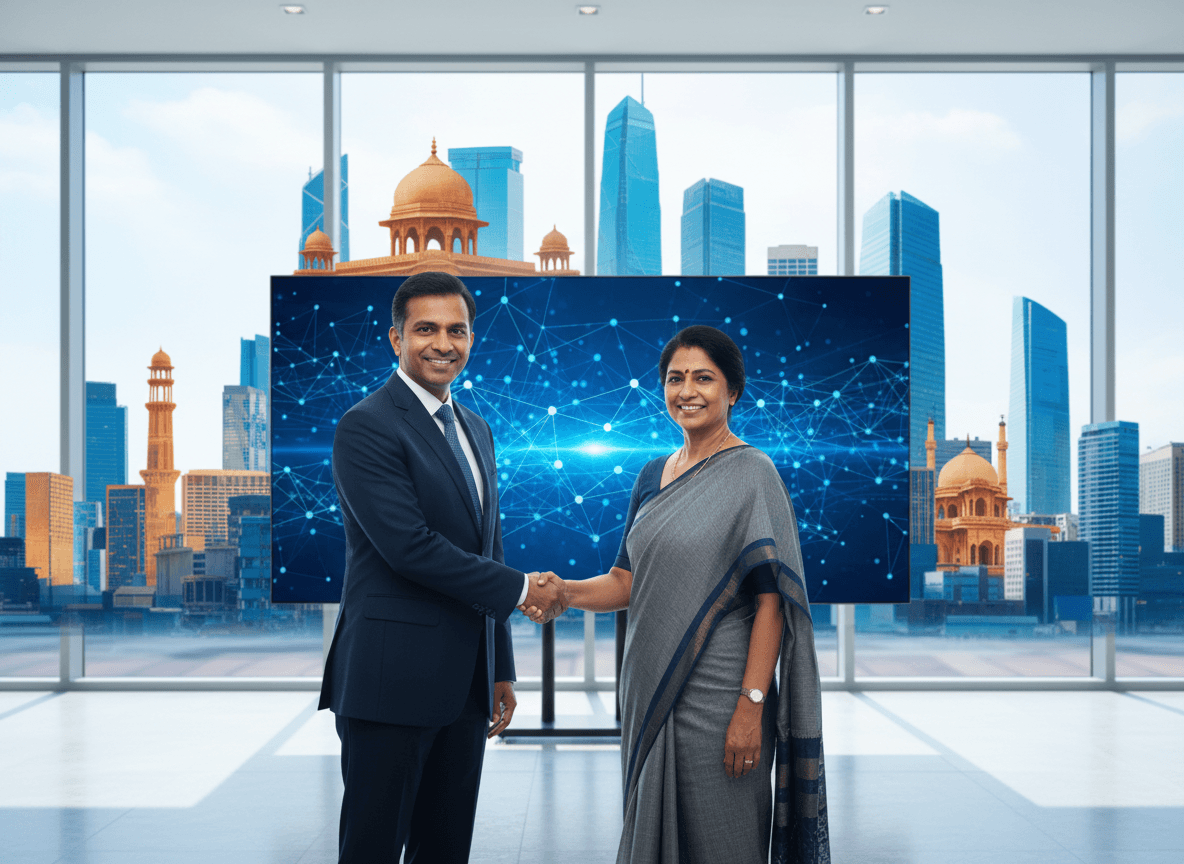 A man in a suit and a woman in a saree shake hands, with a futuristic digital network on a large screen behind them.