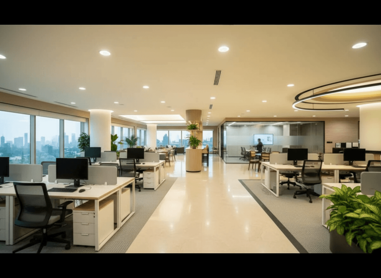 A spacious, contemporary office interior with rows of desks, computers, green plants, and large windows overlooking a city skyline.