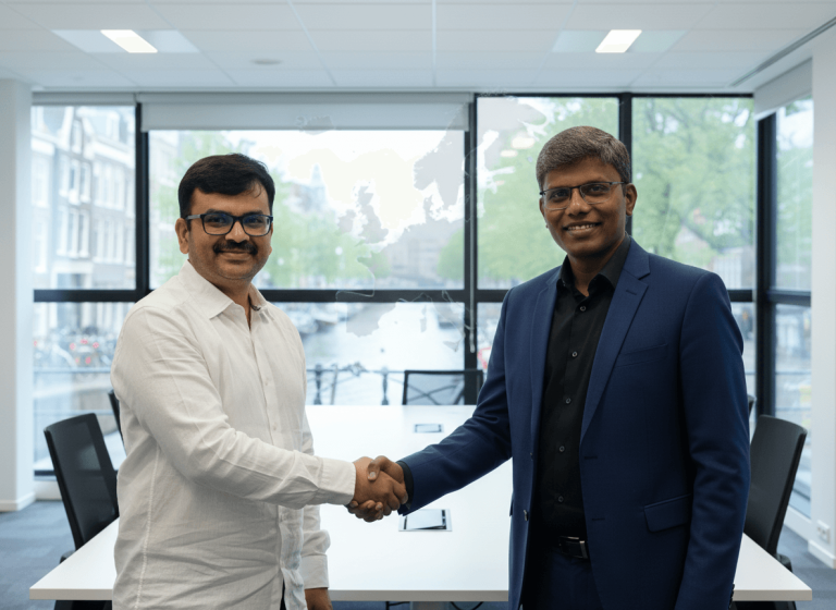 Two businessmen shaking hands in a modern office, with a subtle map of Europe overlaid on the window.