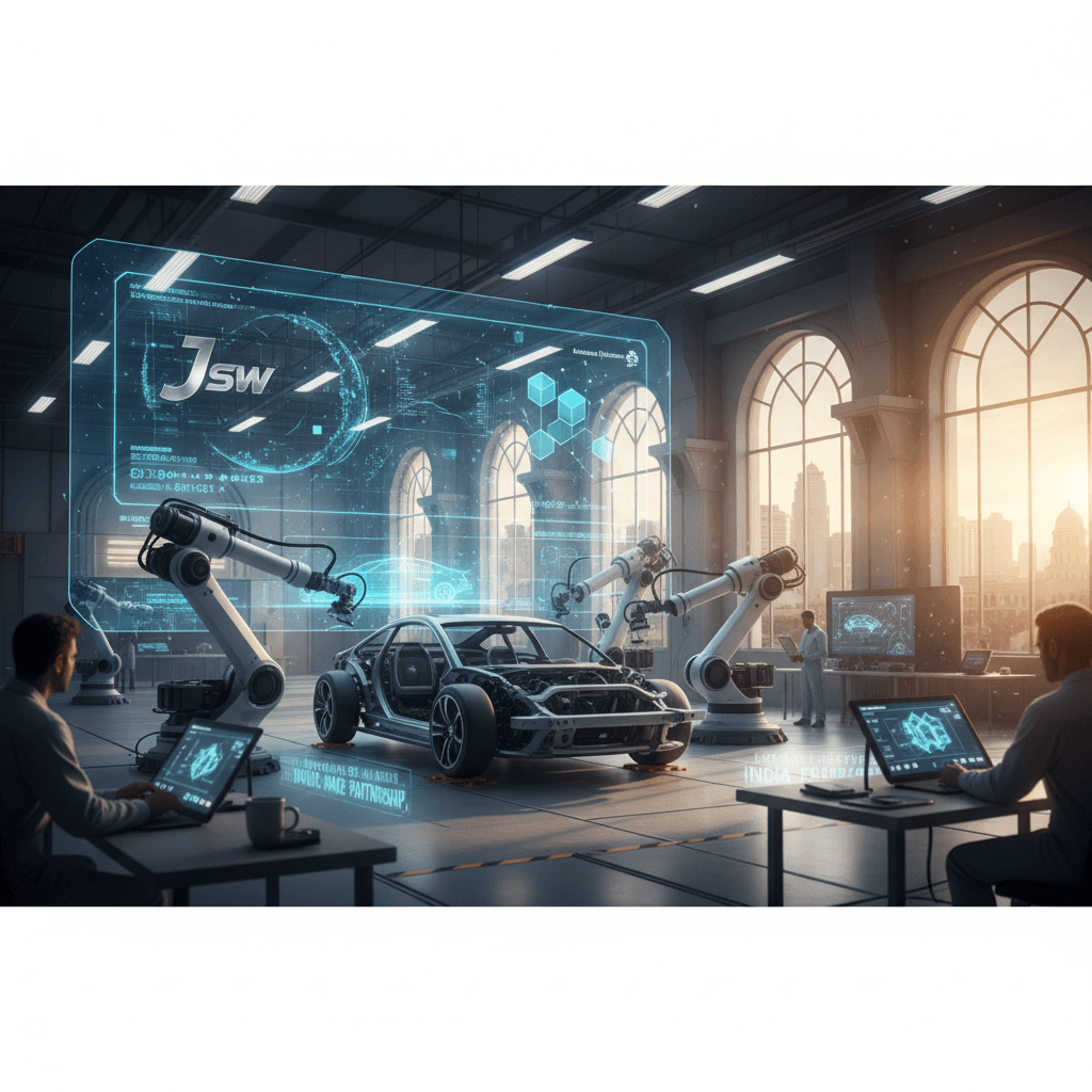 Engineers collaborate in a high-tech EV factory with robotic arms and a holographic display showing vehicle data.